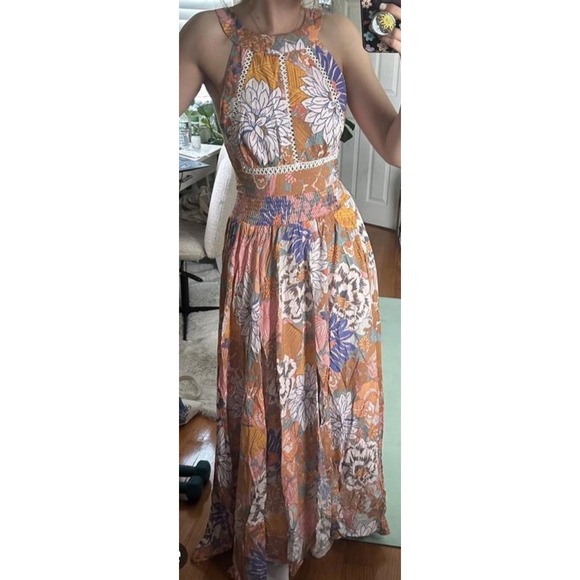 Floral Maxi Dress Open Back Halter Neck Smocked Waist Boho Festival L - Picture 1 of 14
